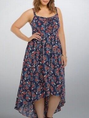 torrid Challis Navy Floral High-Low Sundress with Red Accents and Lace-up Front